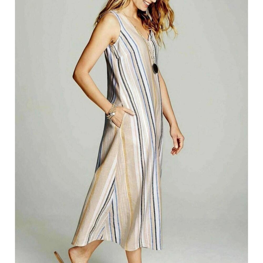 J. Jill Striped Sleeveless Midi Dress in Cream, Blue & Tan